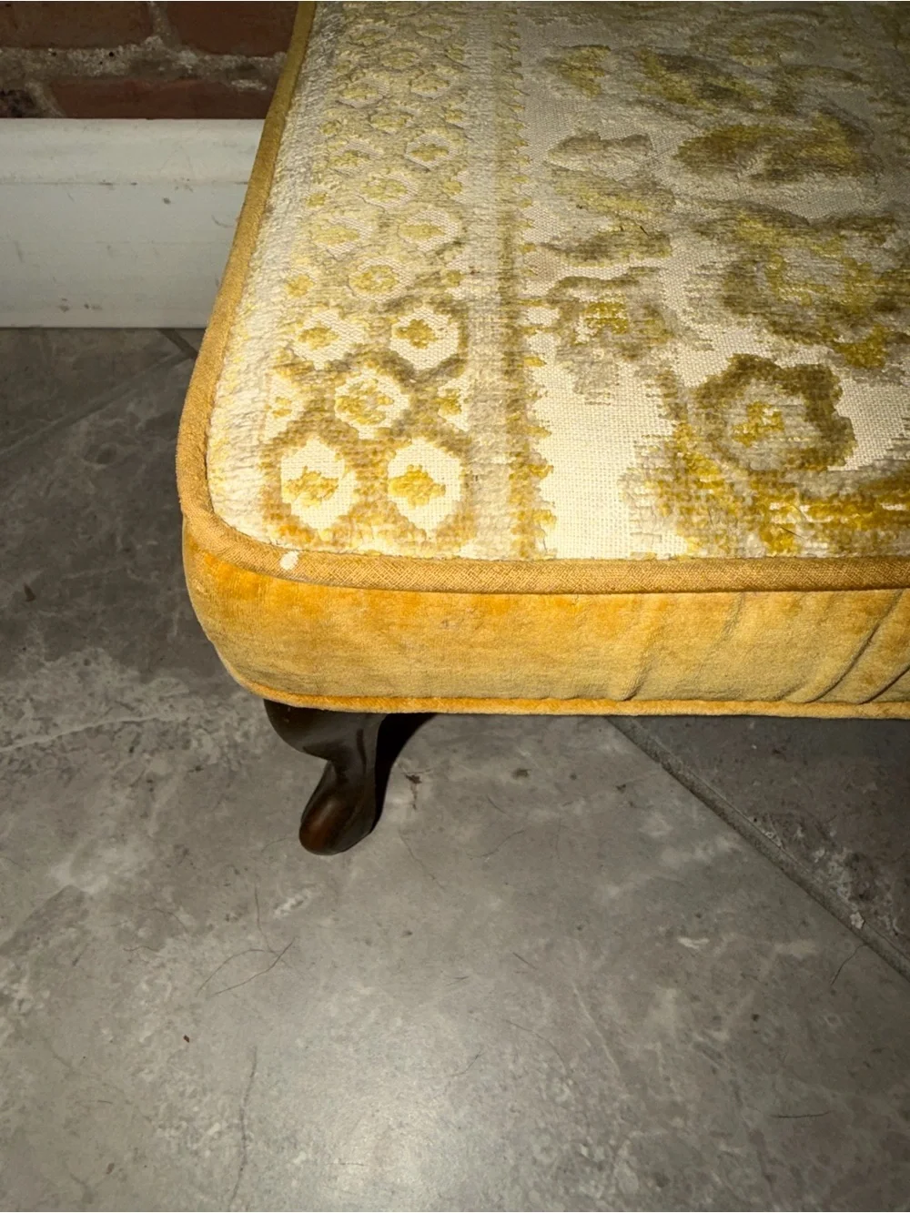 MCM‎ Small Gold Cut Velvet Brass Leg Footstool Ottoman
